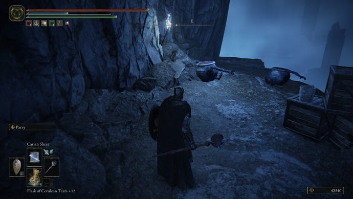 Looking at two tiny Living Jars teetering by the edge of a cliff in Elden Ring: Shadow of the Erdtree.