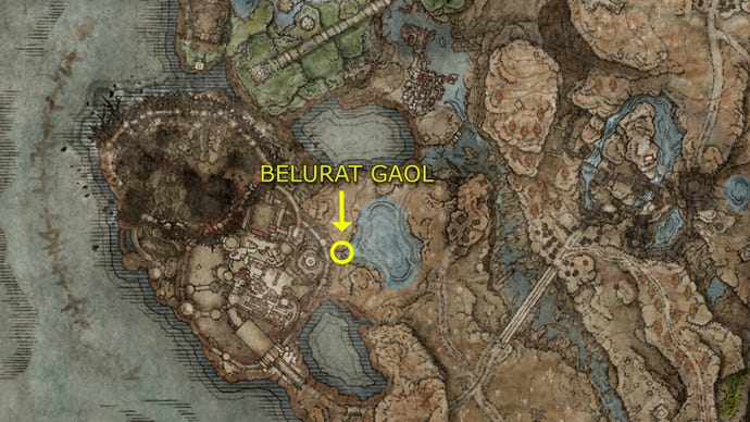 A map of Elden Ring: Shadow of the Erdtree showing the location of Belurat Gaol.