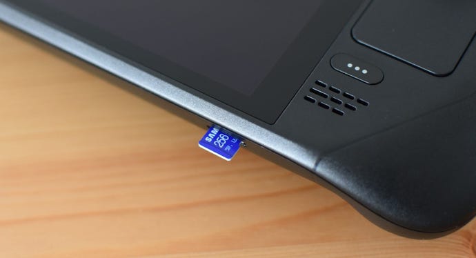 The Samsung Pro Plus microSD partially insterted into a Steam Deck.