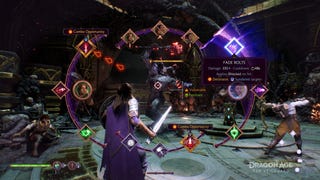 A scene of the ability wheel in Dragon Age: The Veilguard, with characters waving swords and bows at demons