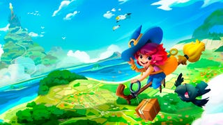 A girl witch on a broomstick flying across a lush green world with a blue sky and a mountain in the distance