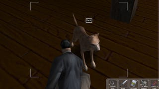 The player character kneels to pet a dog in the Deus Ex Randomizer mod.