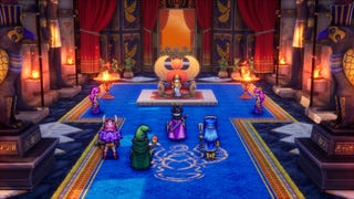 A group of four heroes, all pixel art sprites, stand before a royal leader in a 3D room in Dragon Quest III HD-2D.