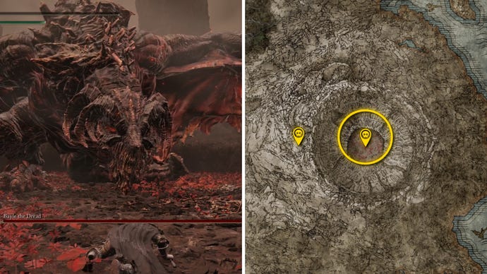 Two Elden Ring: Shadow Of The Erdtree screenshots side by side. Left: a screenshot of the player fighting the Bayle The Dread boss. Right: the location of that boss on the map.