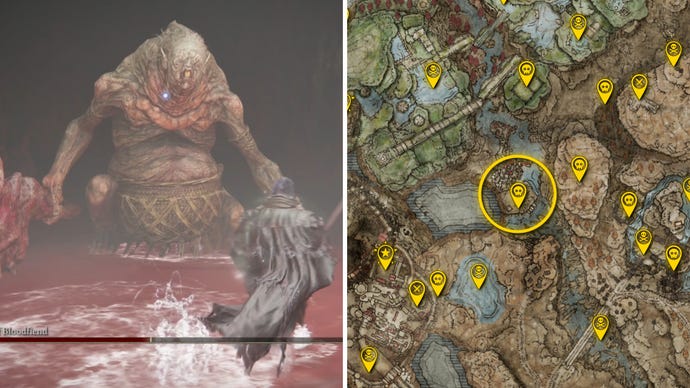 Two Elden Ring: Shadow Of The Erdtree screenshots side by side. Left: a screenshot of the player fighting the Chief Bloodfiend boss. Right: the location of that boss on the map.