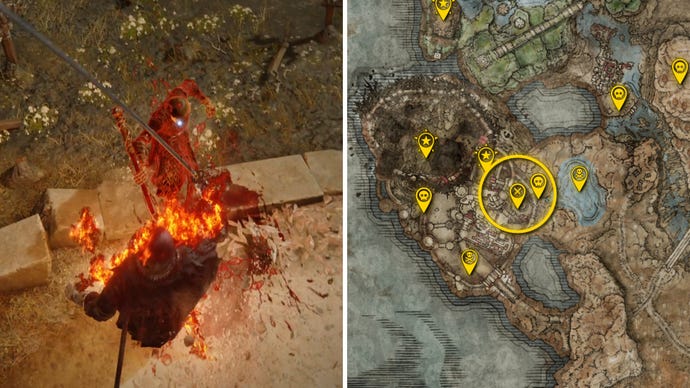 Two Elden Ring: Shadow Of The Erdtree screenshots side by side. Left: a screenshot of the player fighting the Fire Knight Queelign boss. Right: the location of that boss on the map.