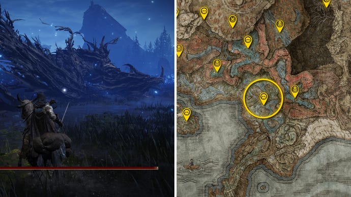 Two Elden Ring: Shadow Of The Erdtree screenshots side by side. Left: a screenshot of the player fighting the Ghostflame Dragon boss. Right: the location of that boss on the map.