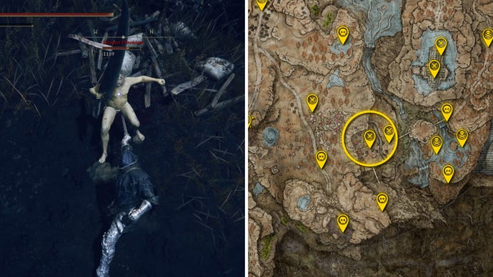 Two Elden Ring: Shadow Of The Erdtree screenshots side by side. Left: a screenshot of the player fighting the Greater Potentate boss. Right: the location of that boss on the map.