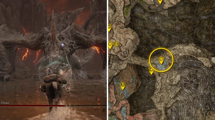 Two Elden Ring: Shadow Of The Erdtree screenshots side by side. Left: a screenshot of the player fighting the Jagged Peak Drake boss. Right: the location of that boss on the map.