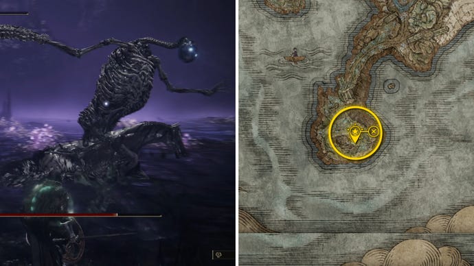 Two Elden Ring: Shadow Of The Erdtree screenshots side by side. Left: a screenshot of the player fighting the Putrescent Knight boss. Right: the location of that boss on the map.