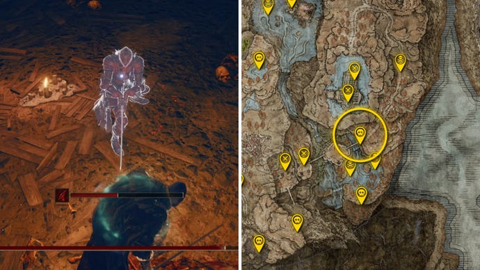 Two Elden Ring: Shadow Of The Erdtree screenshots side by side. Left: a screenshot of the player fighting the Rakshasa boss. Right: the location of that boss on the map.