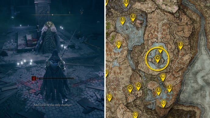 Two Elden Ring: Shadow Of The Erdtree screenshots side by side. Left: a screenshot of the player fighting the Ymir, Mother Of Fingers boss. Right: the location of that boss on the map.