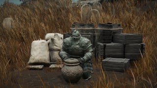 Elden Ring: Shadow Of The Erdtree screenshot of the NPC Moore, sitting with his wares on the Gravesite Plains.