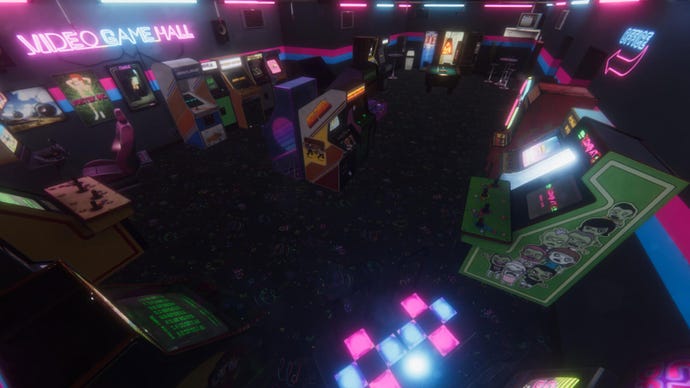 A neon-lit arcade full of retro-style cabinets in the management game Arcade Paradise.