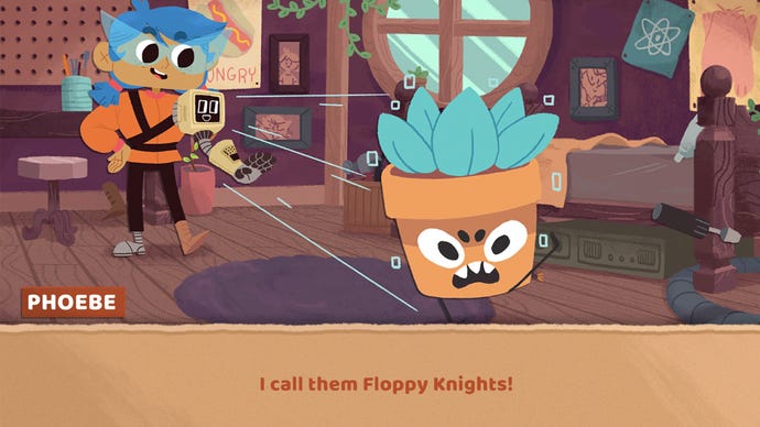 Phoebe, the main cartoon-style character of the card-based game Floppy Knights, with another character that looks like a pot plant.