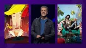 Three blocks display three seperate images. The first is a cartoon pirate looking shocked. The second is of Geoff Keighley, smiling on stage. The third shows a man relaxing in a pool as zombies approach him from behind.