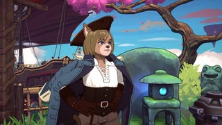 An anthropomorphic animal person stands on a sky island next to a flying ship.