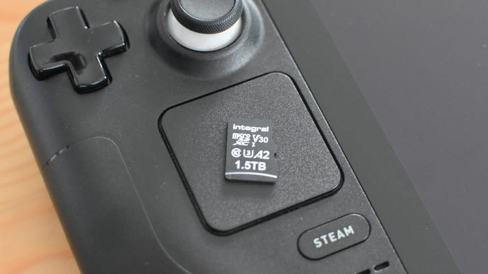 The Integral Ultima Pro microSD card on top of a Steam Deck.