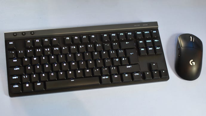 The Logitech G515 Lightspeed TKL gaming keyboard, paired with a wireless Logitech mouse.