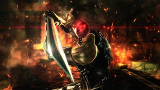 Raiden raises his sword in a Metal Gear Rising: Revengeance screenshot.