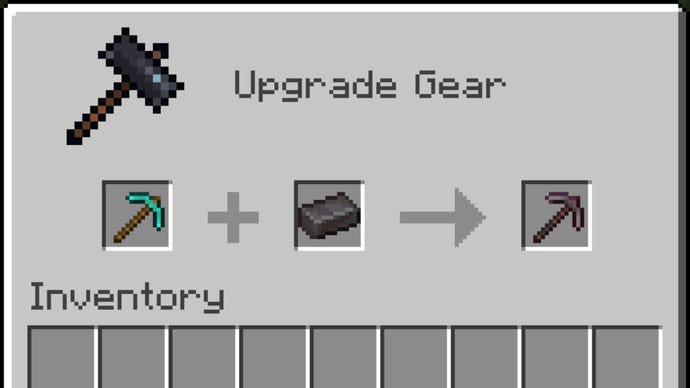 A Minecraft screenshot of the player upgrading a Diamond Pickaxe into a Netherite Pickaxe with a Netherite Ingot in a Smithing Table.