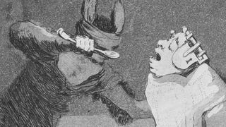 A man with a covered face spoonfeeding a man with a lock attached to his head in a satirical Goya etching