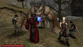 Four fantasy warriors battle a large monster in Gothic.