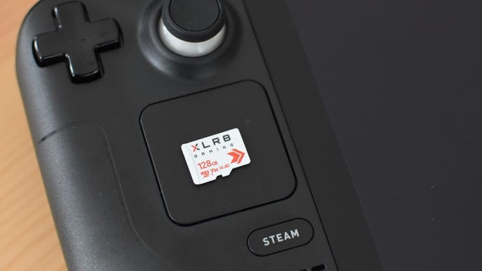 The PNY XLR8 microSD card on top of a Steam Deck.