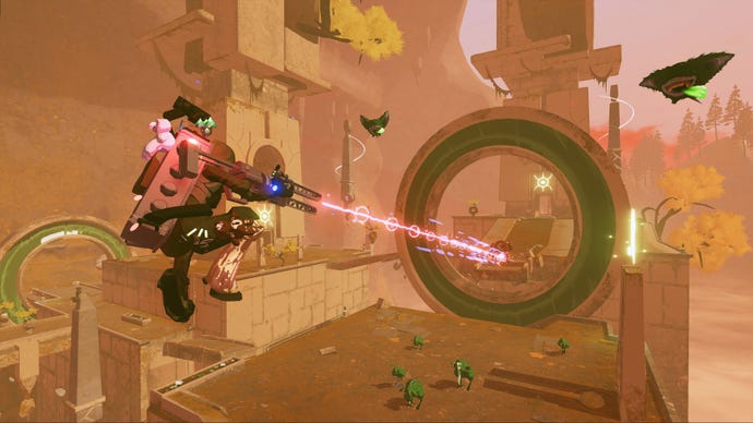 A screenshot of Risk Of Rain 2's Survivor Of The Void DLC, showing new class the Railgunner firing his railgun.