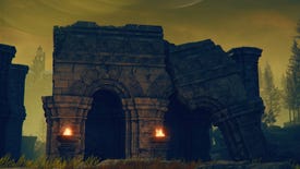 An exterior shot of the Ruined Forge of Starfall Past.