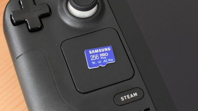 The Samsung Pro Plus microSD card on top of a Steam Deck.