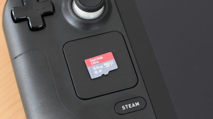 The SanDisk Ultra microSD card on top of a Steam Deck.