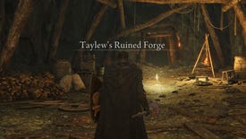 A screenshot showing the entrance of Taylew's Ruined Forge in Elden Ring: Shadow of the Erdtree.