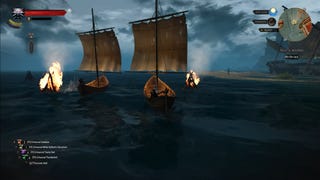 Geralt races a boat between two flaming buoys as part of a restored cut Witcher 3 quest